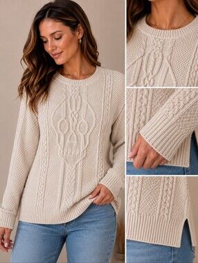 Chelsea & Violet Womens Skull Cable Knit Sweater Cream Long Sleeve Pullover S